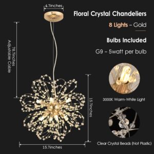 Isamacc Firework Crystal Chandeliers, 8-Light Dandelion Gold Chandelier for Dining Room, Sputnik Small Chandeliers Light Fixture for Bedroom, Living Room, Kitchen, Restaurant