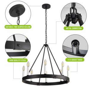 8-Light Farmhouse Wagon Wheel Chandelier, D24" Black Round Chandeliers for Dining Room, Modern Industrial Kitchen Island Pendant Light Fixtures for Foyer Living Room Entryway Bedroom, E12 Socket