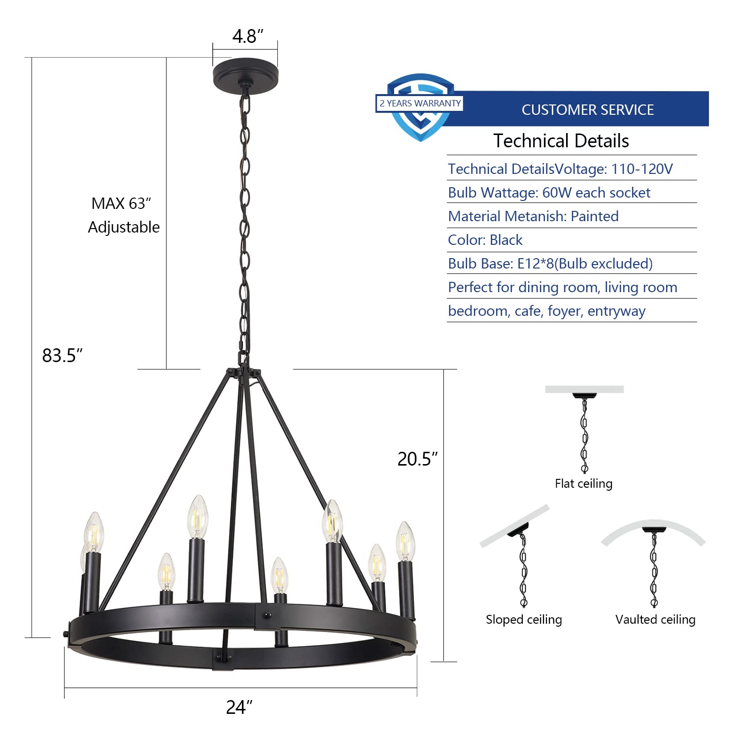 8-Light Farmhouse Wagon Wheel Chandelier, D24" Black Round Chandeliers for Dining Room, Modern Industrial Kitchen Island Pendant Light Fixtures for Foyer Living Room Entryway Bedroom, E12 Socket