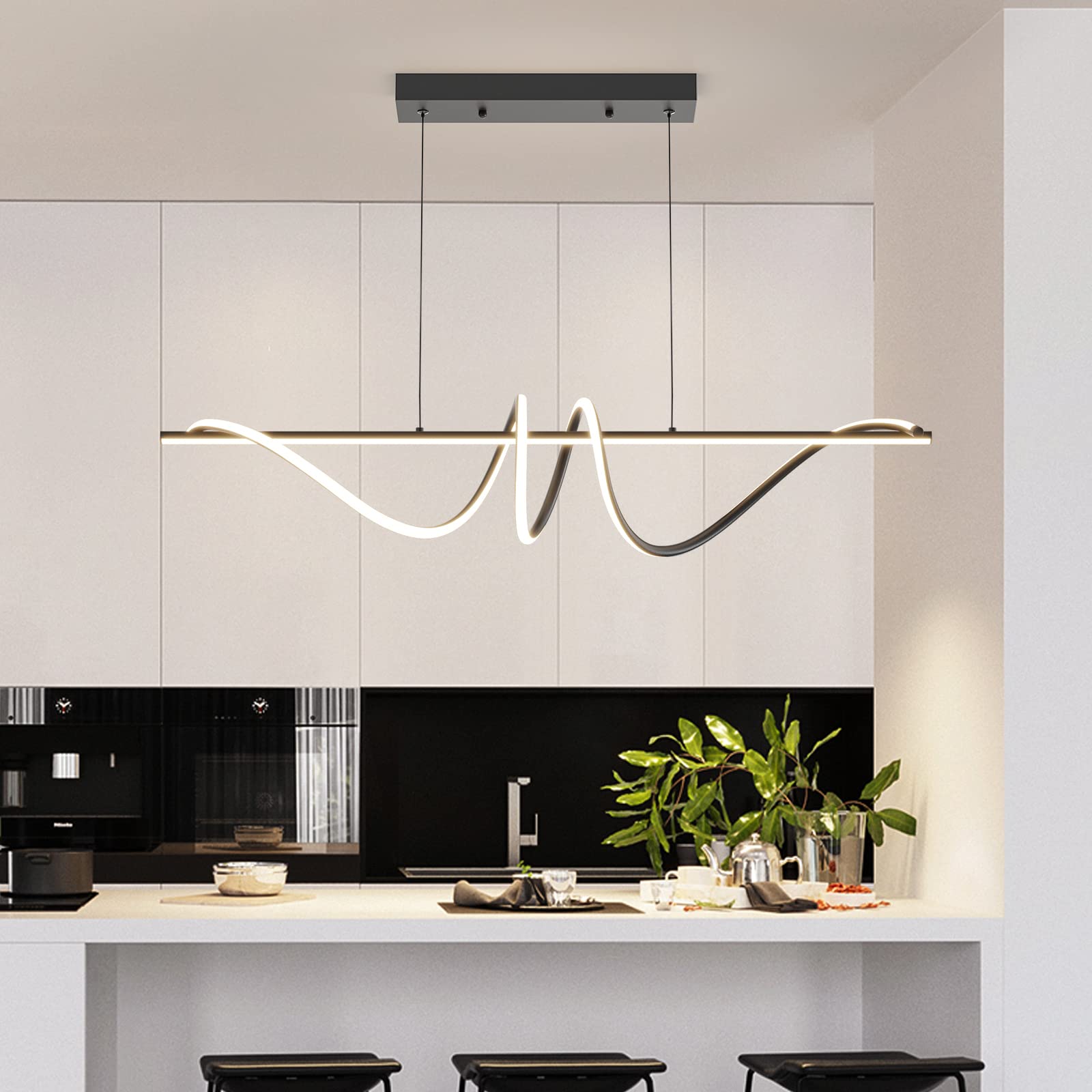 Mikeru Pendant Light Fixtures, Black Chandelier 39" Acrylic Anti Flicker Modern Chandelier with Remote Control Dimmable 3 Color Mode & Brightness Ceiling Lamp for Kitchen, Dining Room