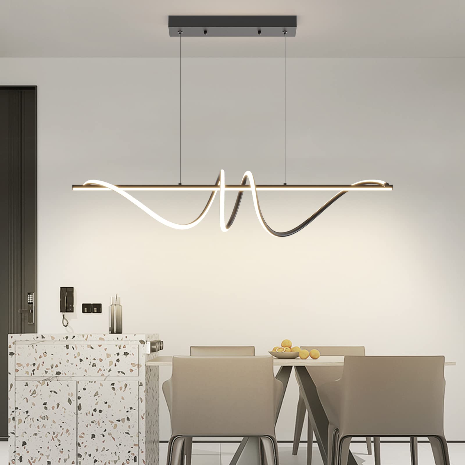 Mikeru Pendant Light Fixtures, Black Chandelier 39" Acrylic Anti Flicker Modern Chandelier with Remote Control Dimmable 3 Color Mode & Brightness Ceiling Lamp for Kitchen, Dining Room