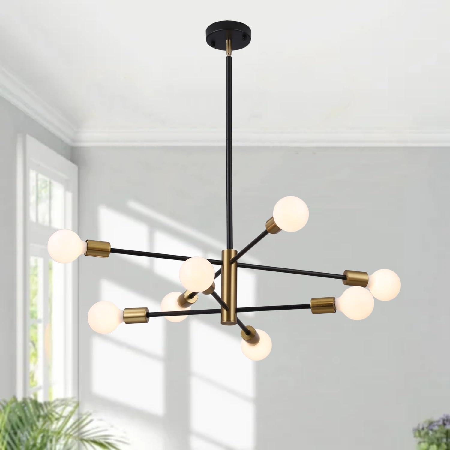 AMMACX Modern Sputnik Chandelier, Black and Gold Ceiling Light Fixture, Mid Century Globe Ceiling Chandelier for Living Room Dining Room Bedroom Kitchen, Height Adjustable (8-light)