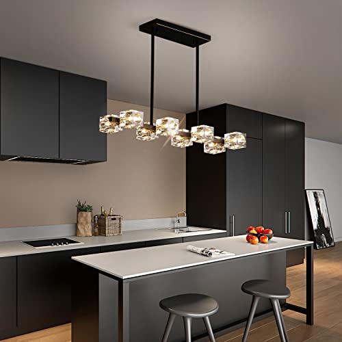 OKES Black Chandelier,Crystal Pendant Lights Fixture with 8-Lights,Modern Cube lamp Shade Hanging Ceiling Light for Dining Room,Kitchen Island,Bedroom,Living Room