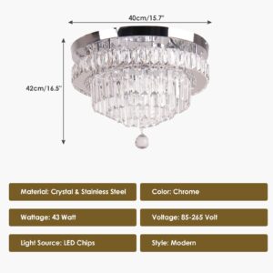 FRIXCHUR 15.7" Crystal Chandelier LED Modern Ceiling Light Fixture Round Raindrop 5 Tier Chandeliers for Dining Room Bedroom Living Room, 6500 K