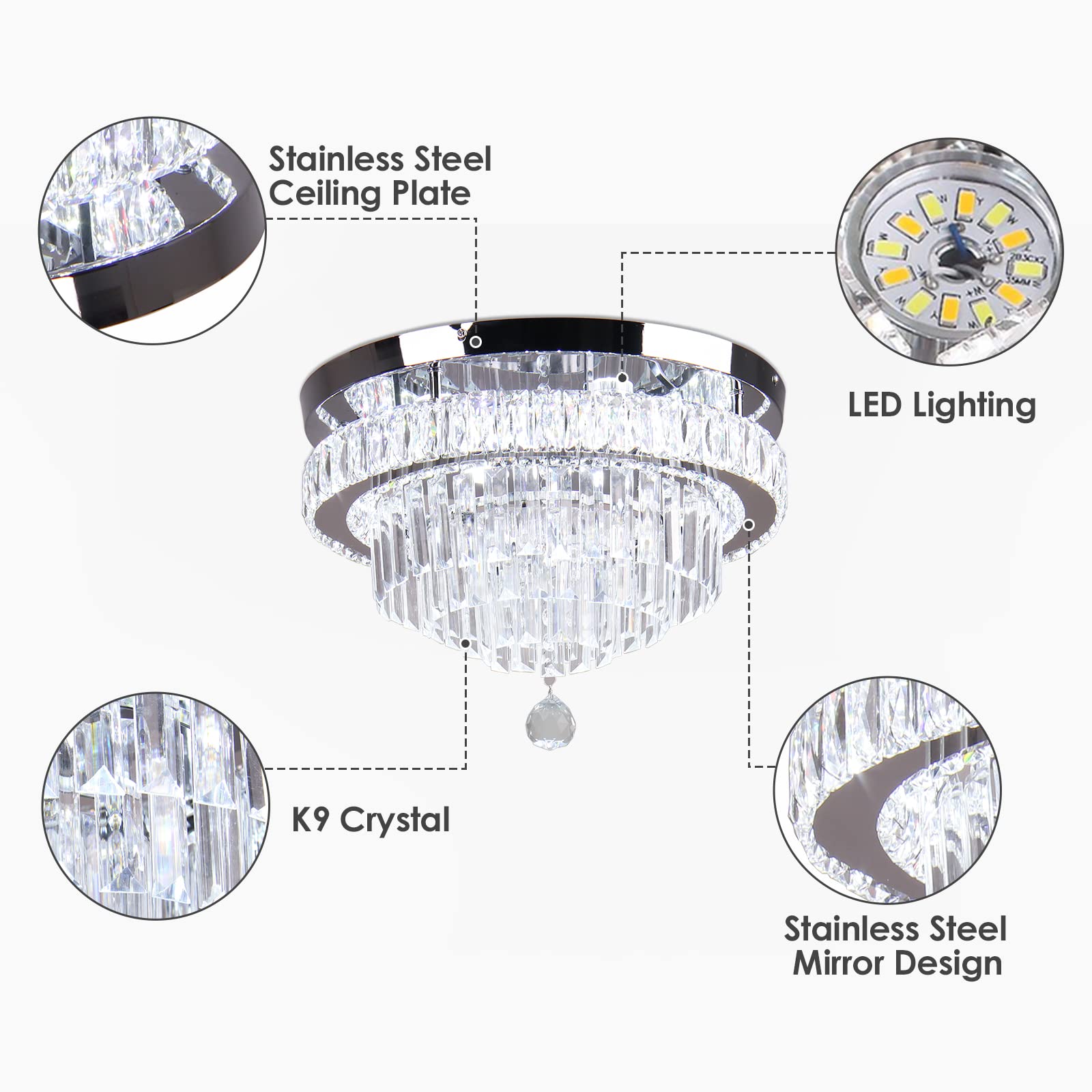 FRIXCHUR 15.7" Crystal Chandelier LED Modern Ceiling Light Fixture Round Raindrop 5 Tier Chandeliers for Dining Room Bedroom Living Room, 6500 K