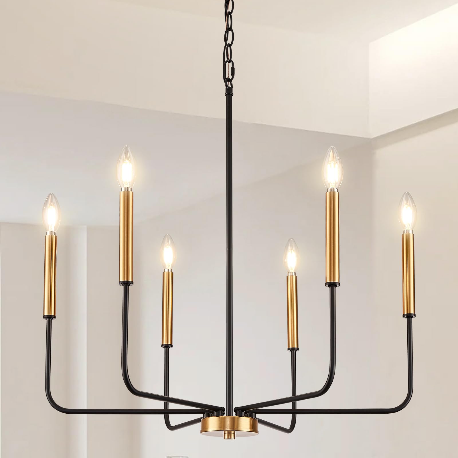 ZUYURT Modern Black and Gold Chandelier for Dining Room, 6-Light Metal Farmhouse Dining Room Light Fixtures Hanging Over Table, E12 Candle Lighting for Kitchen, Living Room, Foyer, Entry, Staircase