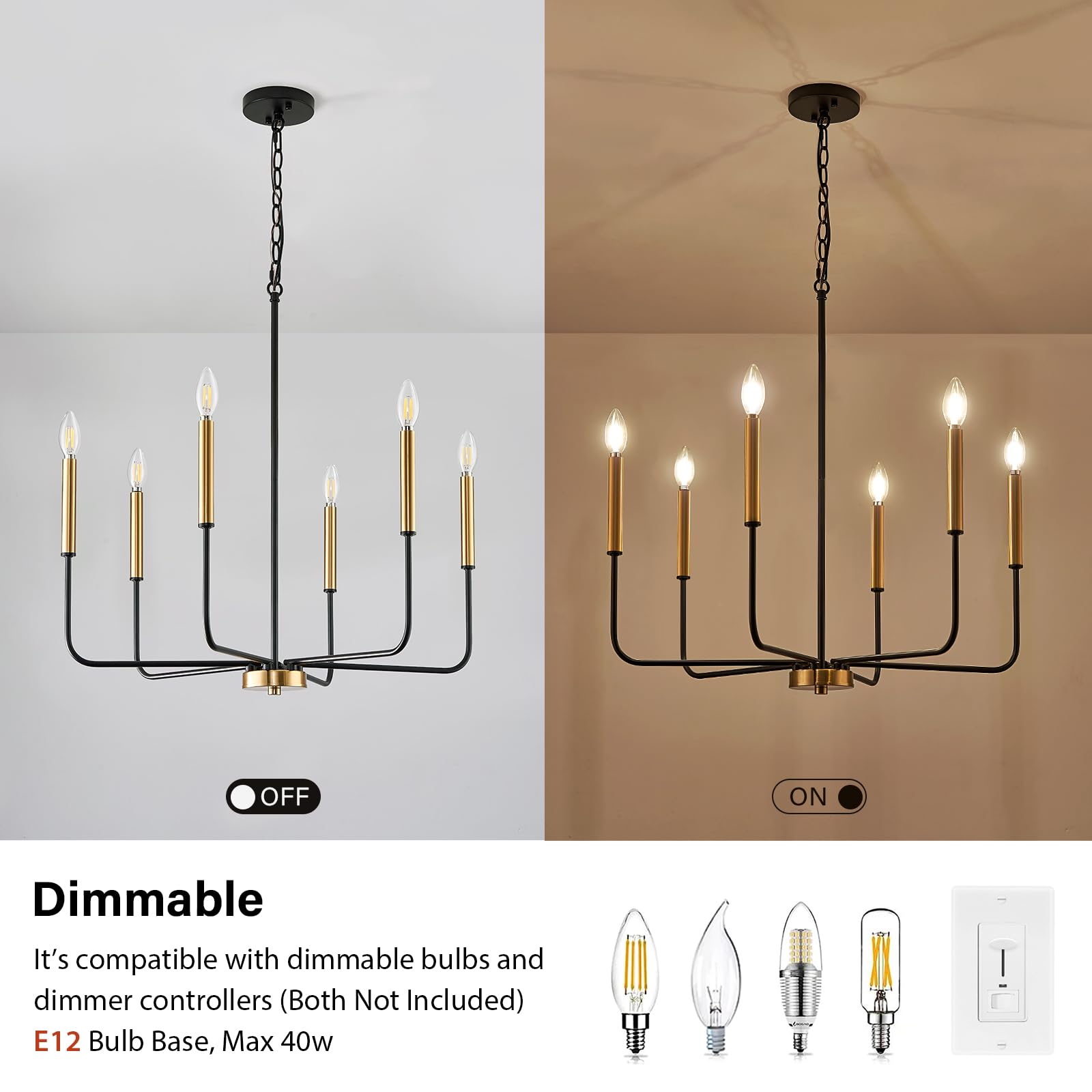 ZUYURT Modern Black and Gold Chandelier for Dining Room, 6-Light Metal Farmhouse Dining Room Light Fixtures Hanging Over Table, E12 Candle Lighting for Kitchen, Living Room, Foyer, Entry, Staircase