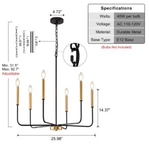 ZUYURT Modern Black and Gold Chandelier for Dining Room, 6-Light Metal Farmhouse Dining Room Light Fixtures Hanging Over Table, E12 Candle Lighting for Kitchen, Living Room, Foyer, Entry, Staircase