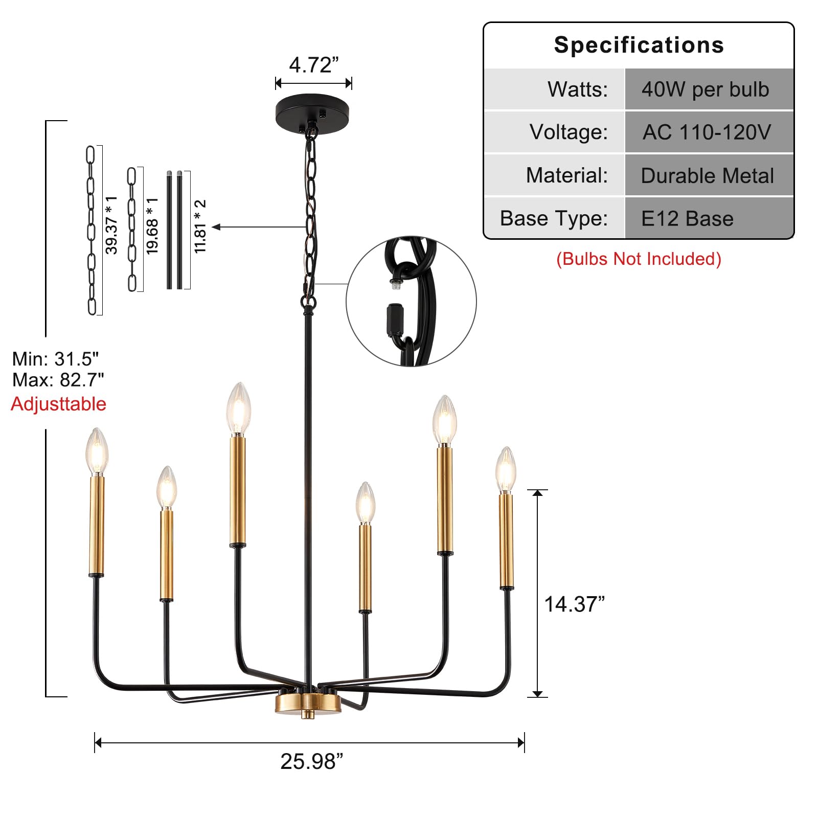 ZUYURT Modern Black and Gold Chandelier for Dining Room, 6-Light Metal Farmhouse Dining Room Light Fixtures Hanging Over Table, E12 Candle Lighting for Kitchen, Living Room, Foyer, Entry, Staircase