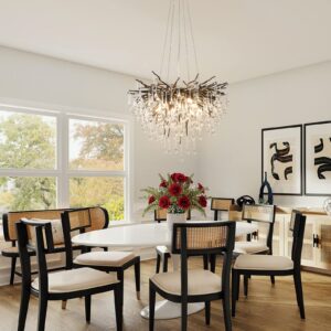 YIOSI Black Crystal Chandelier, Modern Ceiling Pendant Flower Hanging Lighting Frosted Tree Branch Raindrop Chandelier Light Fixture for Dining Room, Living Room, Bedroom, Entryway (Dia 24" Round)