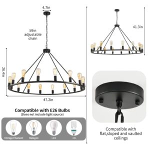 Tefiohen 48" 16-Light Large Wagon Wheel Chandelier, Farmhouse Chandelier, Heights Adjustable Rustic Vintage Round Pendant Light Fixtures for Kitchen Island Dining Living Room Foyer Entryway, Black