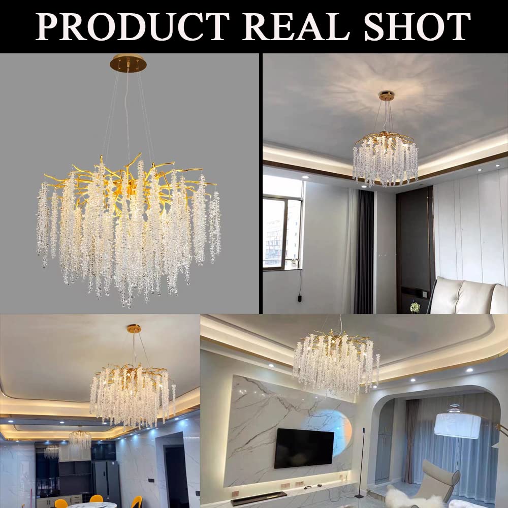 Puvaue Modern Crystal Tree Branches Chandeliers Gold Luxury Round Raindrop Pendant Light Fixture 9 Light Tassel Ceiling Hanging Light for Dining Room Bedroom Living Room Entryway 23.7"