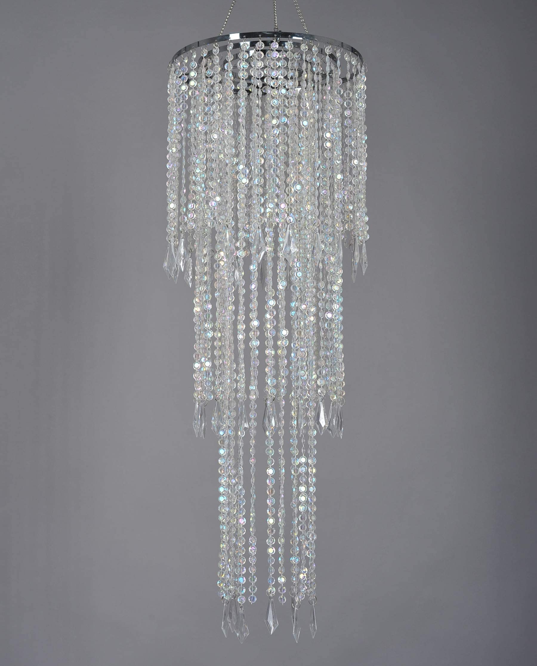 FlavorThings Sparkling Iridescent Acrylic Beaded Hanging Chandelier (W10.25"H30”)，3 Tiers Beads Pendant Shade, Ceiling Chandelier Lampshade with Acrylic Jewel Droplets, Beaded Lampshade