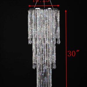 FlavorThings Sparkling Iridescent Acrylic Beaded Hanging Chandelier (W10.25"H30”)，3 Tiers Beads Pendant Shade, Ceiling Chandelier Lampshade with Acrylic Jewel Droplets, Beaded Lampshade