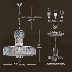 YOVINO Crystal Chandeliers 12 Lights High Ceiling Pendant Lighting Fixtures Unique Empire Foyer Entrance Indoor Living Room Dining Room Bedroom Entryway Staircase Chrome Finish D20 x H18 Silver