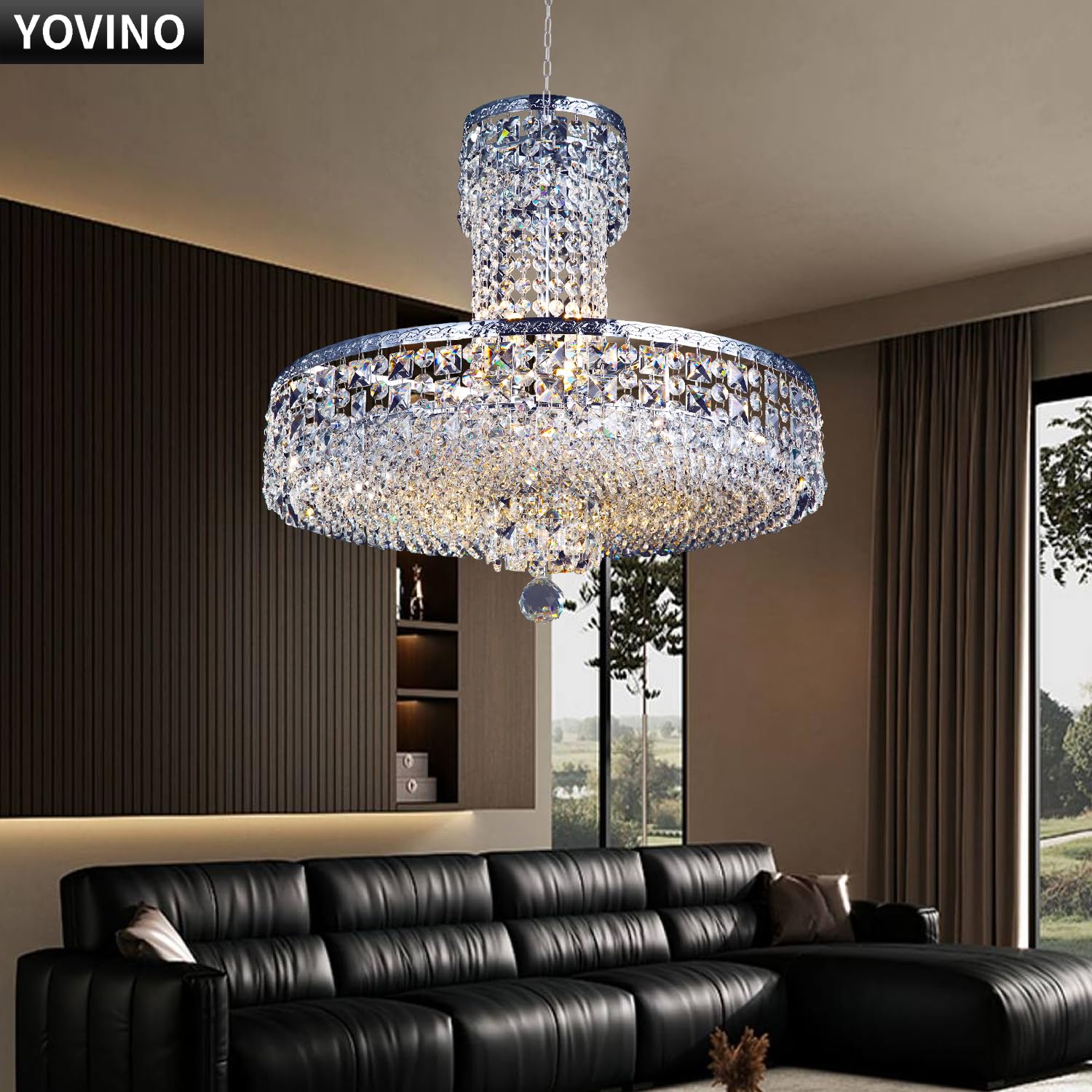 YOVINO Crystal Chandeliers 12 Lights High Ceiling Pendant Lighting Fixtures Unique Empire Foyer Entrance Indoor Living Room Dining Room Bedroom Entryway Staircase Chrome Finish D20 x H18 Silver