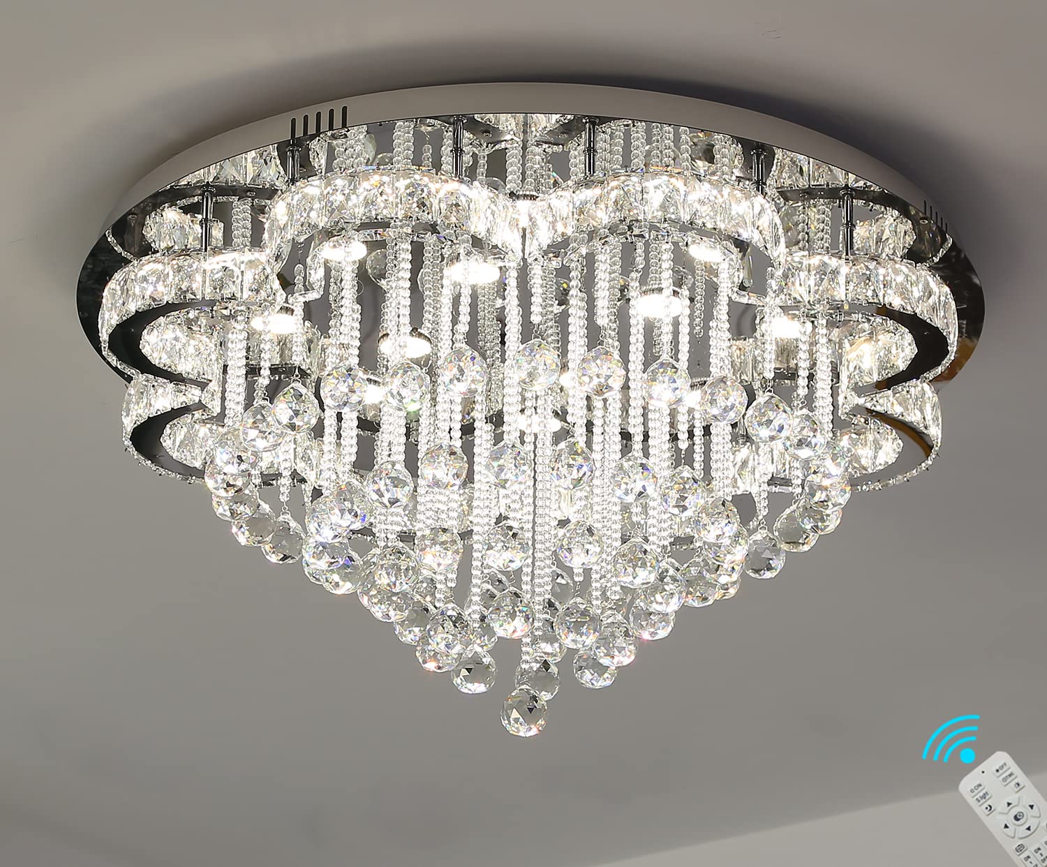 W32inches Modern Raindrop Crystal Chandeliers Flush Mount Ceiling Chandeliers for High Ceiling Entrance Foyer Bedroom Dining Room Living Room LED Dimming 2700k 4500k 6000k Contemporary Chandelier