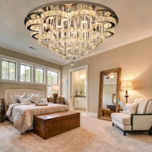 W32inches Modern Raindrop Crystal Chandeliers Flush Mount Ceiling Chandeliers for High Ceiling Entrance Foyer Bedroom Dining Room Living Room LED Dimming 2700k 4500k 6000k Contemporary Chandelier