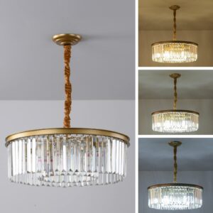 Laiuetai Gold Modern Crystal Chandelier, 2-Tier Round Flush Mount Ceiling Light Fixtures Height Adjustable Pendant Lighting for Dining Room Living Room Bedroom Kitchen Hotel Foyer