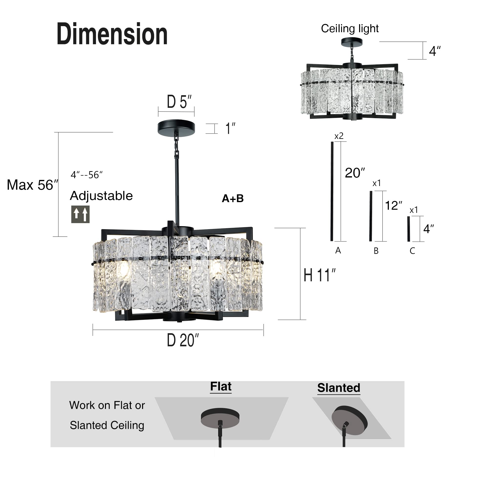 Modern Black Crystal Chandeliers for Dining Room, Luxury Water Ripple Glass Light Fixture, Elegant Farmhouse Round Lighting for Kitchen Island, Bar Table, D20