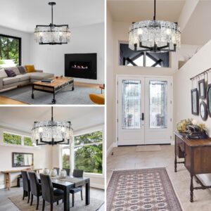 Modern Black Crystal Chandeliers for Dining Room, Luxury Water Ripple Glass Light Fixture, Elegant Farmhouse Round Lighting for Kitchen Island, Bar Table, D20