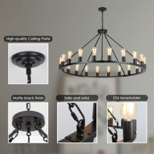 Senyshilon Wagon Wheel Chandelier, Black Farmhouse Chandelier for Dining Room Light Fixture, 20-Light 48 Inch Extra Large Chandelier for High Ceilings Living Room Kitchen Island Foyer Villa