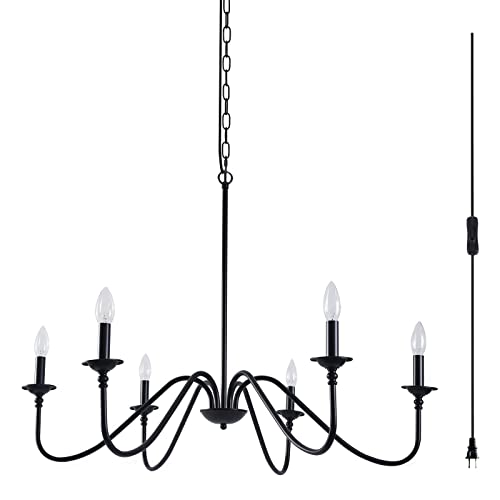 HOXIYA PRE-ASSEMBLED Plug in Chandelier, 34.6" Black Chandelier with Long Cord Farmhouse Chandelier Modern Hanging Light, Outdoor Lights for Gazebo Chandelier Rustic Industrial for Living Room Bedroom