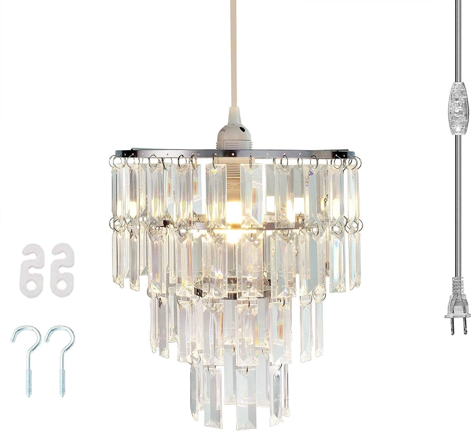 FlavorThings Plug in Modern Chandelier Faux Crystal Light Fixture Pendant,W10.25 X H11.5,with ON/Off Switch and 16.4ft Clear Hanging Cord for Bedroom Dining Room and More(1 Light Plug-in, Crystal)