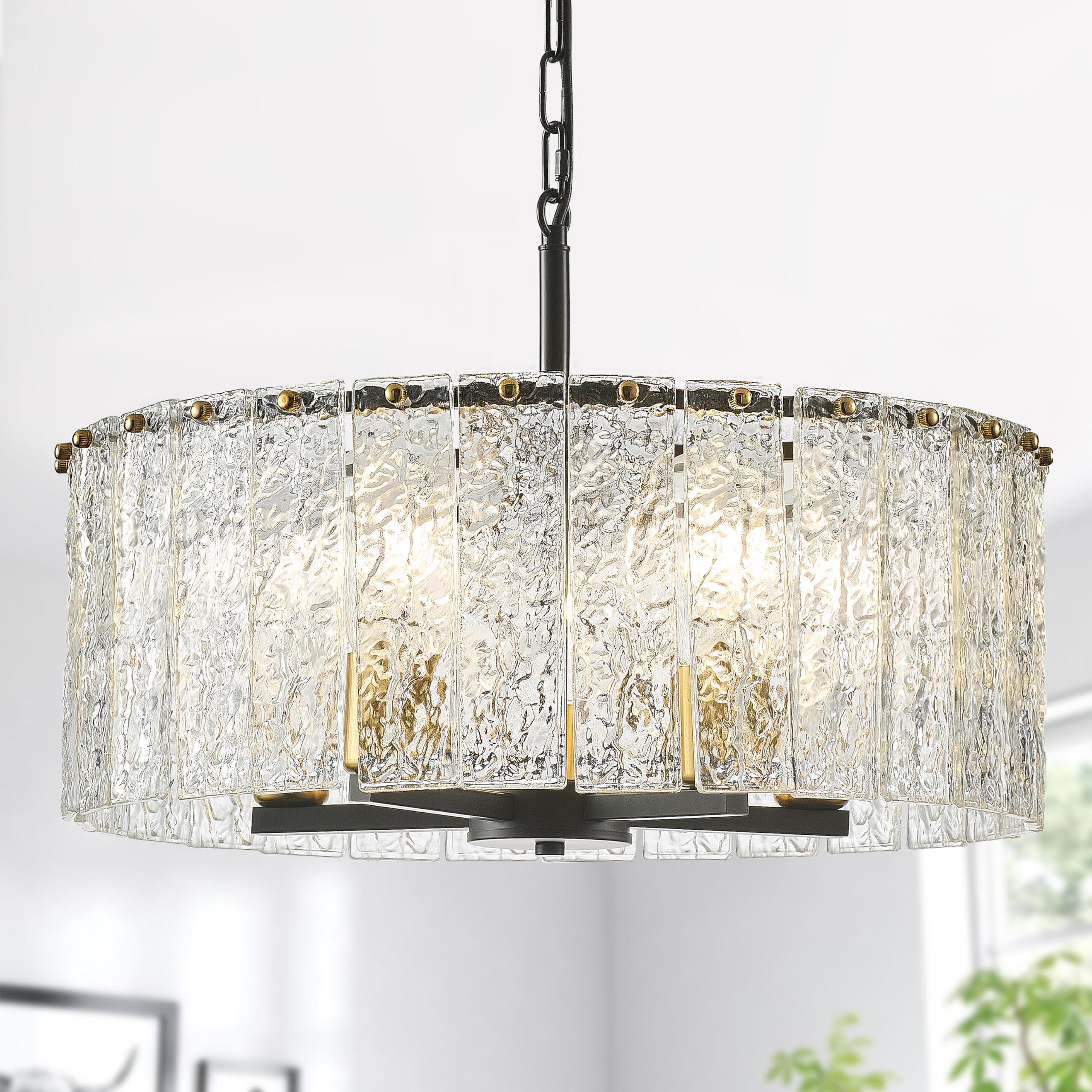 Modern Chandeliers for Dining Room, 5-Light Black Luxury Water Ripple Glass Chandelier Round Lighting for Dining Room Kitchen Living Room Bedroom Bar Table