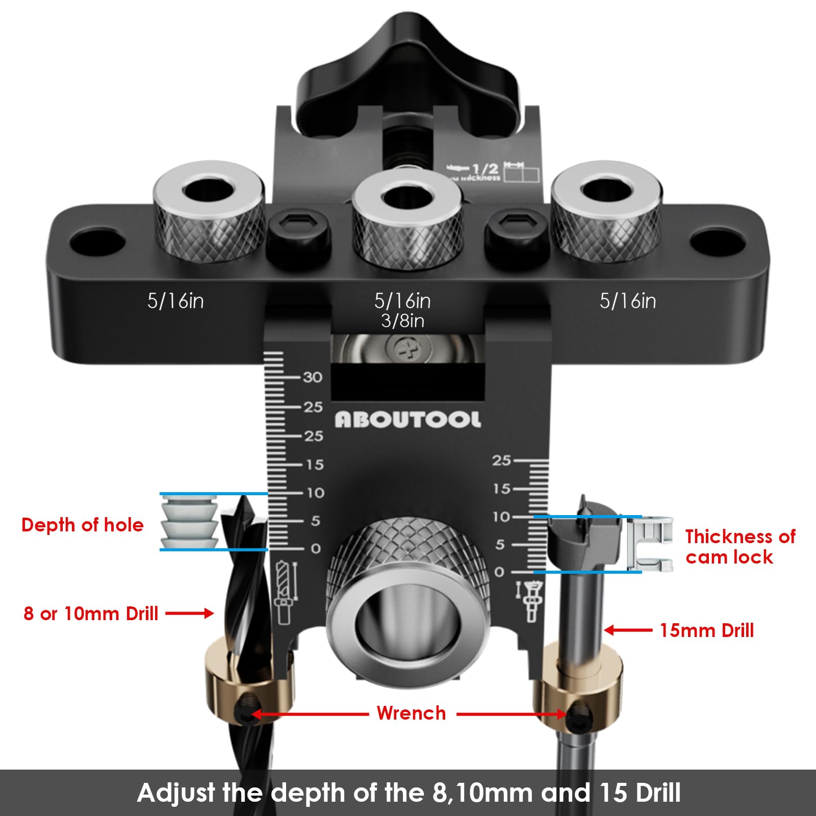 Self Centering Doweling Jig Kit - Dowel Jig Kit for Straight Holes, Adjustable Width Woodworking Joints Tool Drill Guides Locator, 3 Size Drill Bit (8, 10, 15 mm) (5/16", 3/8", 19/32"), Organizer Bag