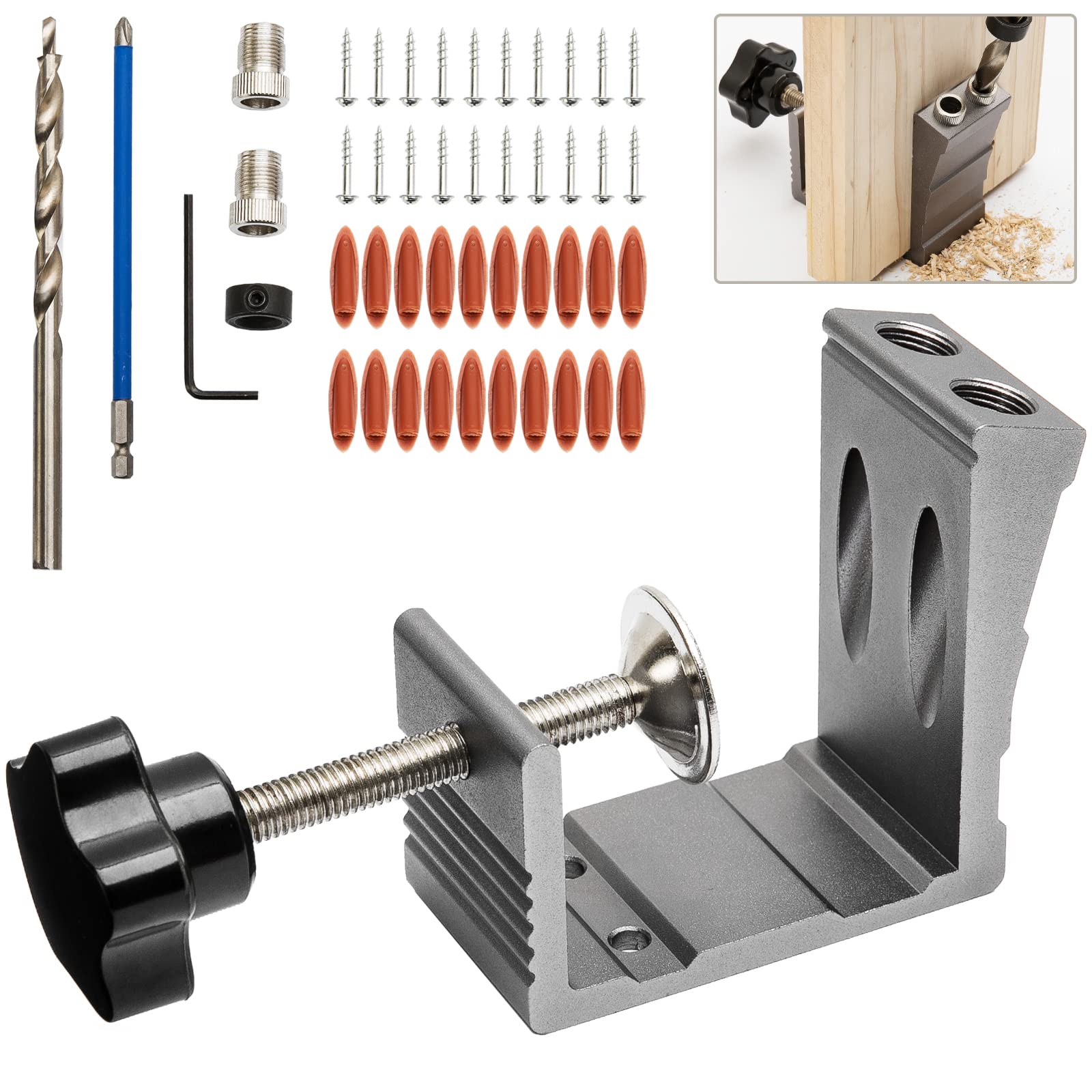 Pocket Hole Jig Kit Woodworking Punch Tool All-Matel Pocket Drill Hole Jig with Joint Angle Guide Tool