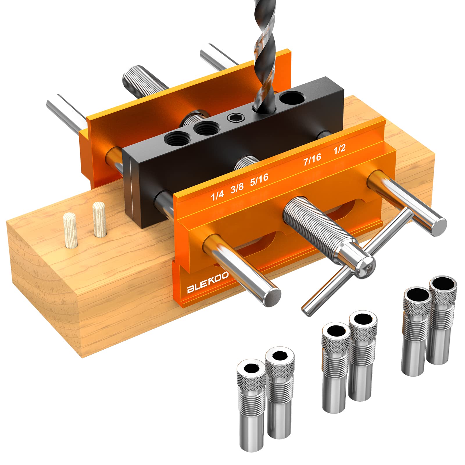 BLEKOO Upgraded 6.7 inch Self Centering Doweling Jig Kit, Drill Jig For Straight Holes Biscuit Joiner Set With 6 Drill Guide Bushings, Adjustable Width Drilling Guide Power Tool Accessory Jig (Orange)