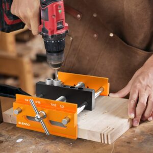 BLEKOO Upgraded 6.7 inch Self Centering Doweling Jig Kit, Drill Jig For Straight Holes Biscuit Joiner Set With 6 Drill Guide Bushings, Adjustable Width Drilling Guide Power Tool Accessory Jig (Orange)