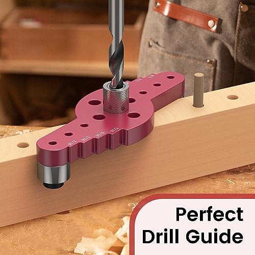 Preciva Self Centering Dowel Jig Kit, Drill Guide for Straight Holes Woodworking Tools with Drill Bit Set 1/4", 5/16", 3/8" and Drill Bit Stop Collar Set, Drill Jig for Hand Tools