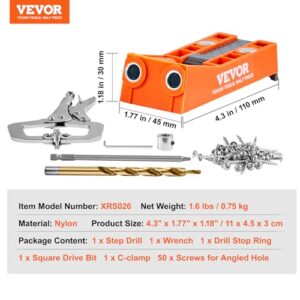 VEVOR Pocket Hole Jig, 56 Pcs Mini Jig Pocket Hole System with 9" C-clamp, Step Drill, Wrench, Drill Stop Ring, Square Drive Bit, and Screws, for DIY Carpentry Projects