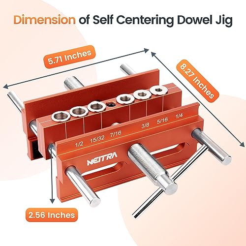 Neitra Self Centering Doweling Jig - 6 Drill Guides for Straight Holes, Adjustable Width Up to 6.75", All Metal Drilling Hole Kit for Wood Dowel Jig, Professional Woodworking Joints Tool