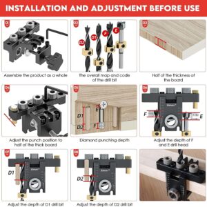 Hizmivos 3-in-1 Dowel Jig Kit,8/15mm Drill Template Dowel Hole Guide for Woodworking Straight Holes,Adjustable Doweling Jig Kit Tool with Positioning Clip Adjustable Drilling Guide Puncher Locator