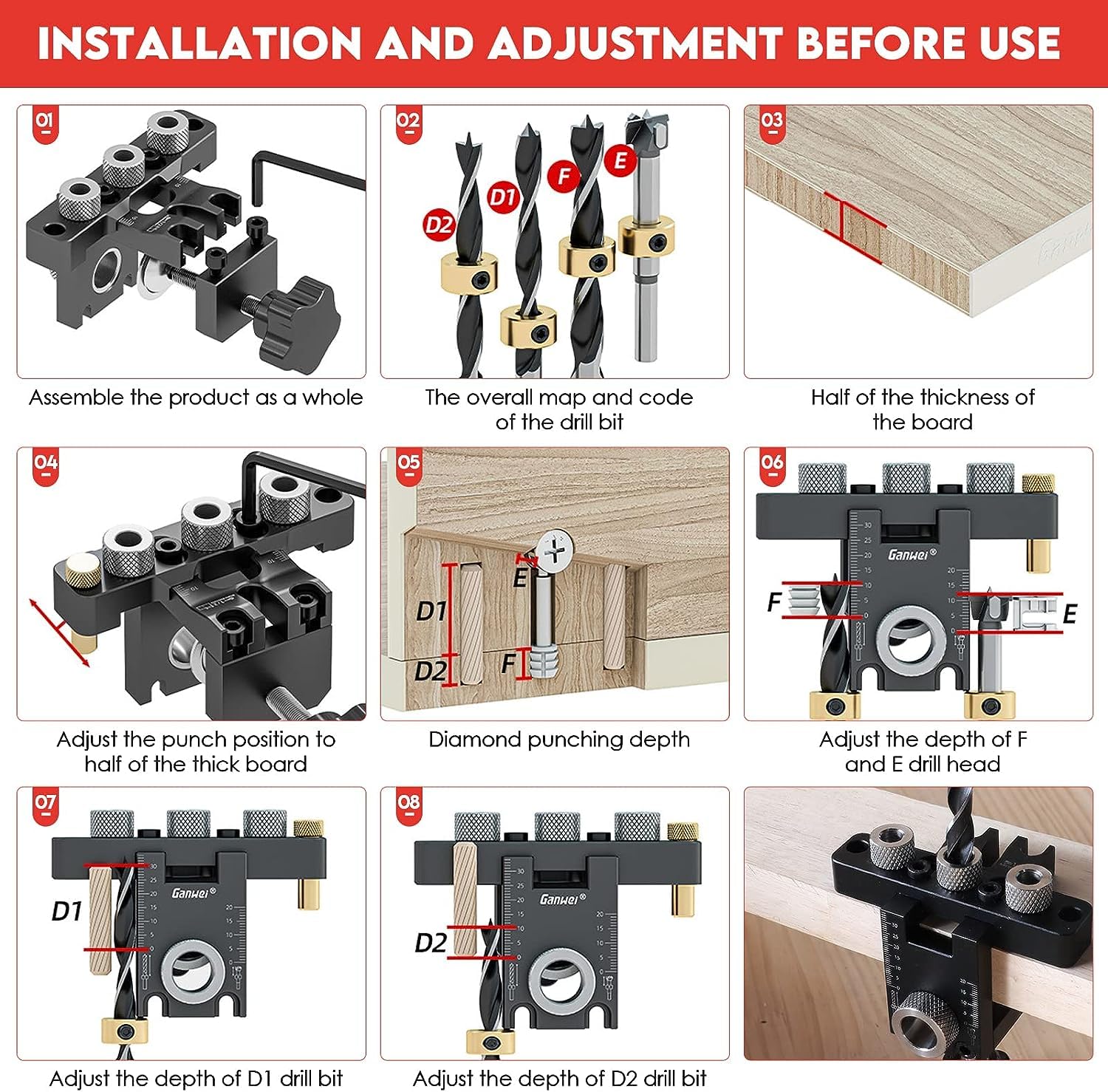 Hizmivos 3-in-1 Dowel Jig Kit,8/15mm Drill Template Dowel Hole Guide for Woodworking Straight Holes,Adjustable Doweling Jig Kit Tool with Positioning Clip Adjustable Drilling Guide Puncher Locator