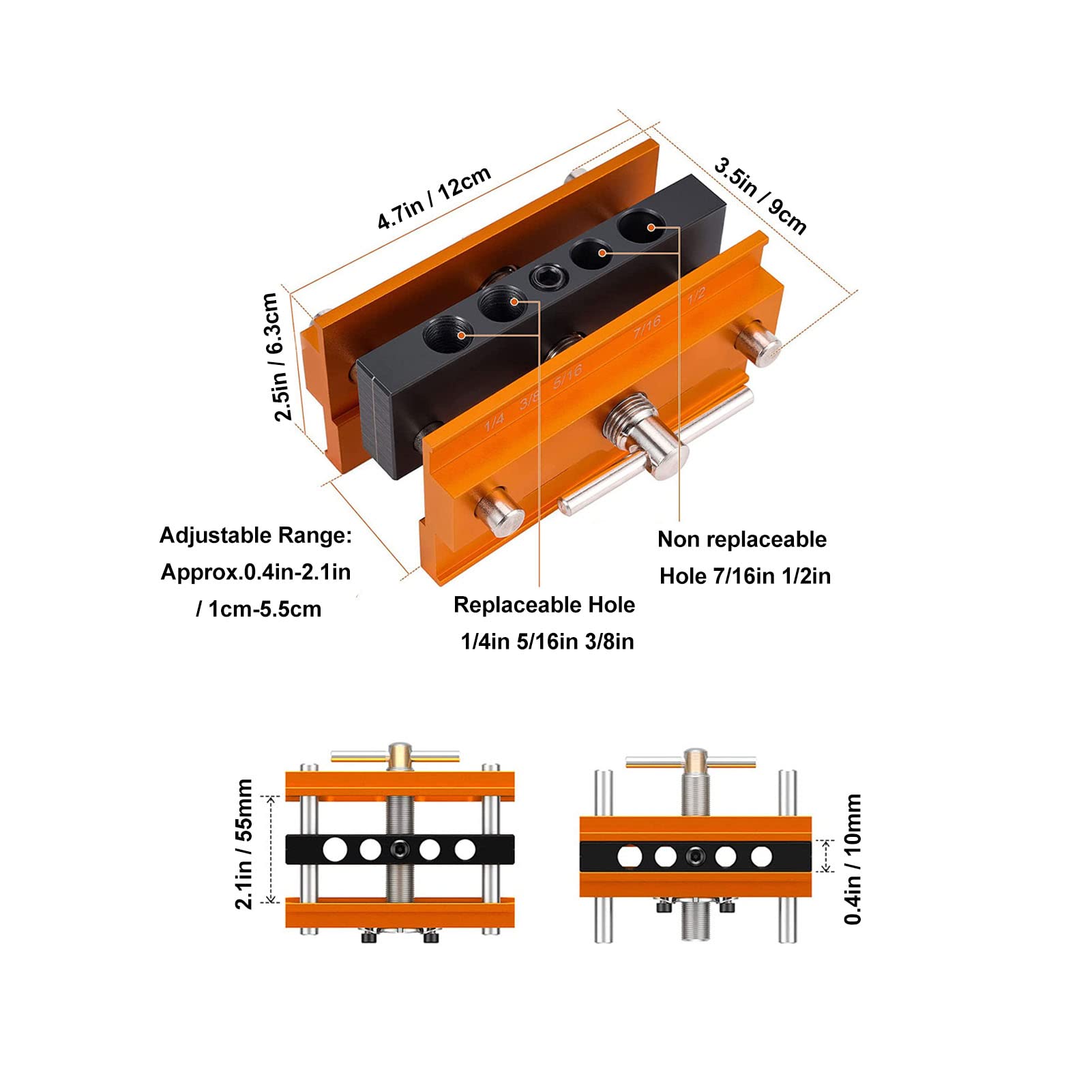 Self Centering Doweling Jig Dowel Drill Guide Bushings Set,Self Centering Dowel Jig Kit - Aluminum Alloy Anodized Orange - 4 Holes Drill positioner for Woodworking