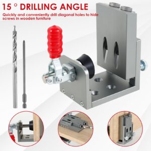 Pocket Hole Jig Kit Aluminium Alloy 15 Degree Angle Oblique Hole Puncher Locator High Precision Adjustable Woodworking Drill Guide for DIY Carpentry Projects