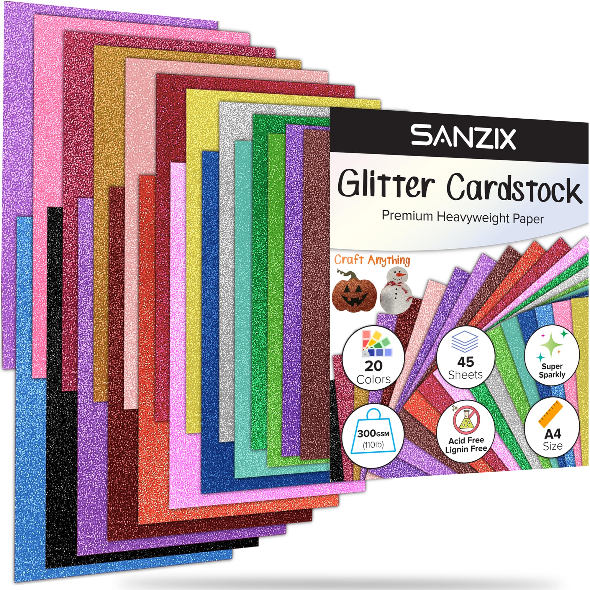 45 Sheets, 20 Colors (300 GSM) Glitter Cardstock comes with EXTRA SHINE! 8.27x11.7 Inches, 110 lb - Non-shedding Glitter Cardstock for Cricut, Crafts and DIY Projects