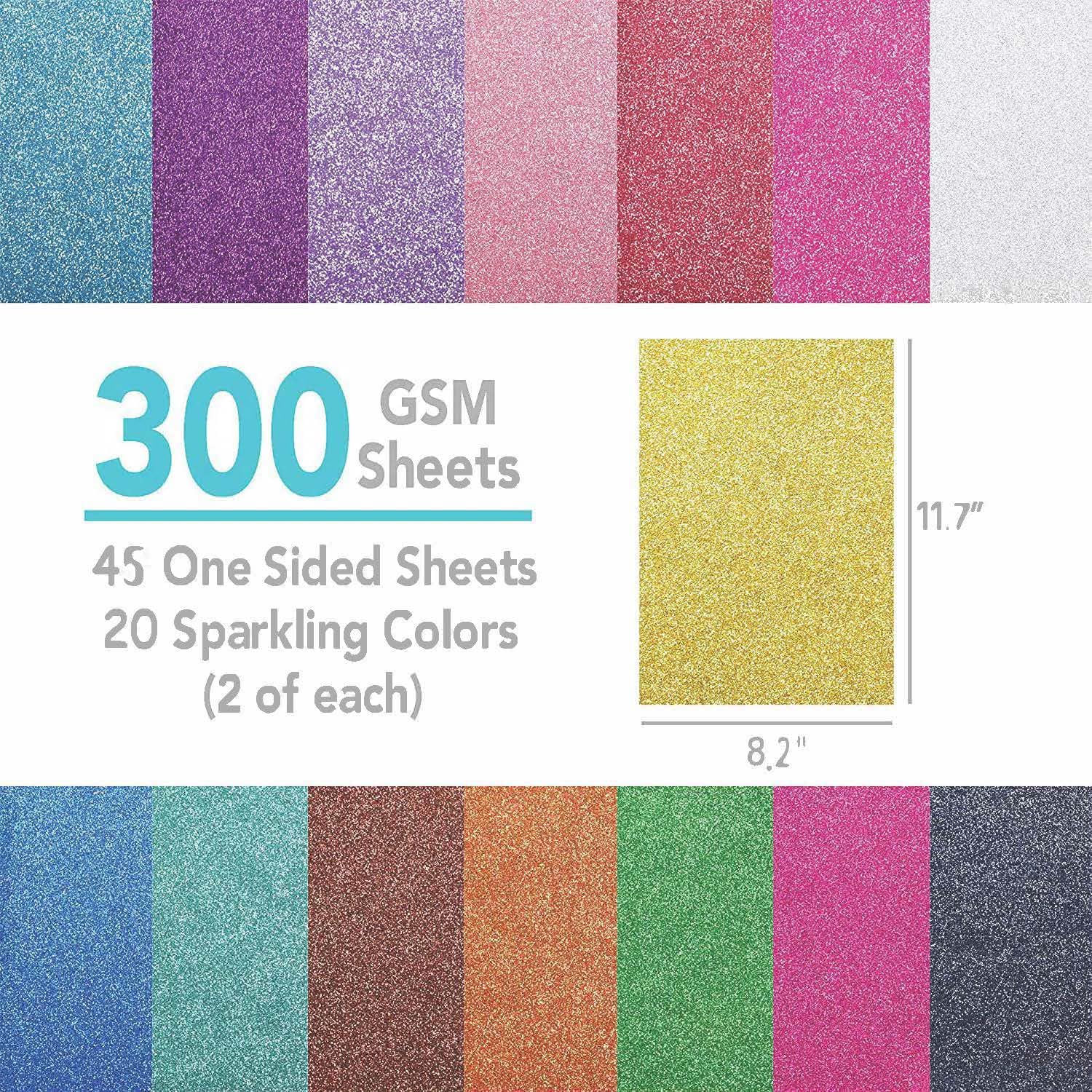 45 Sheets, 20 Colors (300 GSM) Glitter Cardstock comes with EXTRA SHINE! 8.27x11.7 Inches, 110 lb - Non-shedding Glitter Cardstock for Cricut, Crafts and DIY Projects