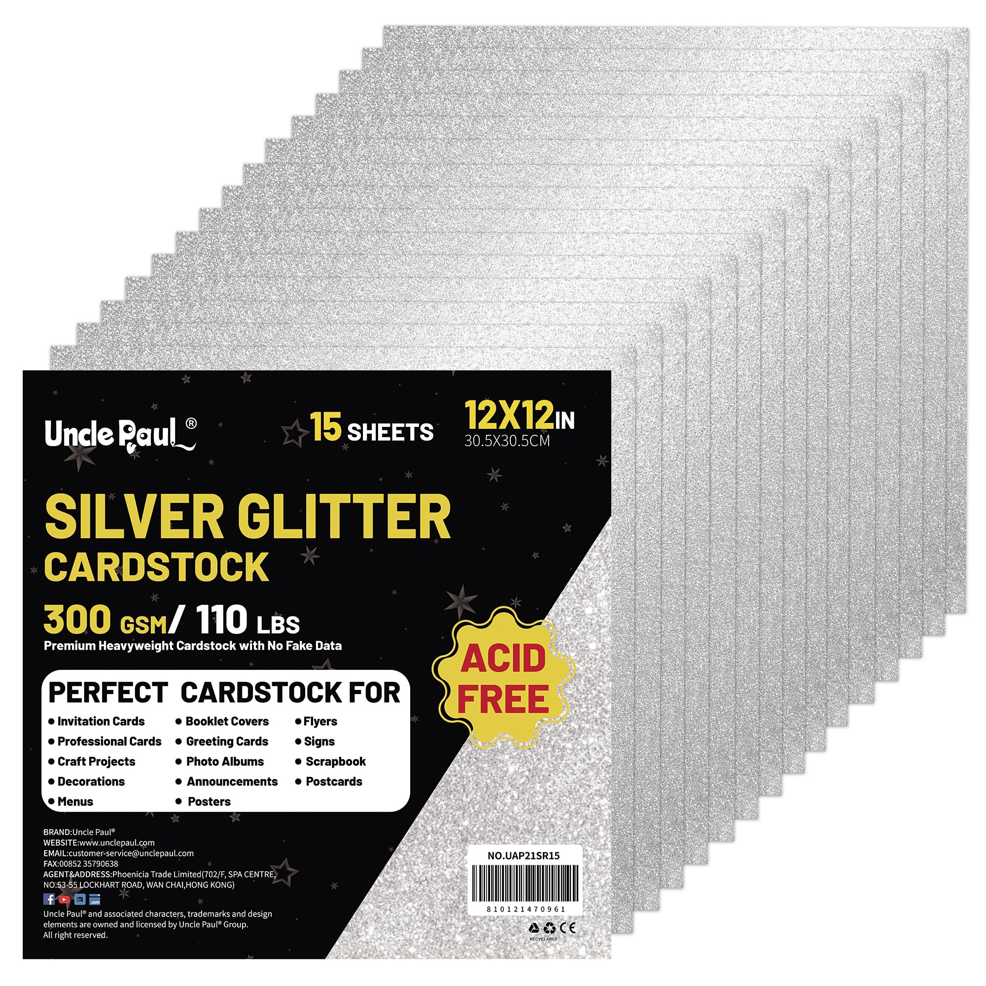 Sliver Glitter Cardstock Paper, 15 Sheets 12" x 12" 300gsm/110Ib Square Colored Card Paper for Crafts DIY Projects Card Making Birthday Wedding Decoration UAP21SR15