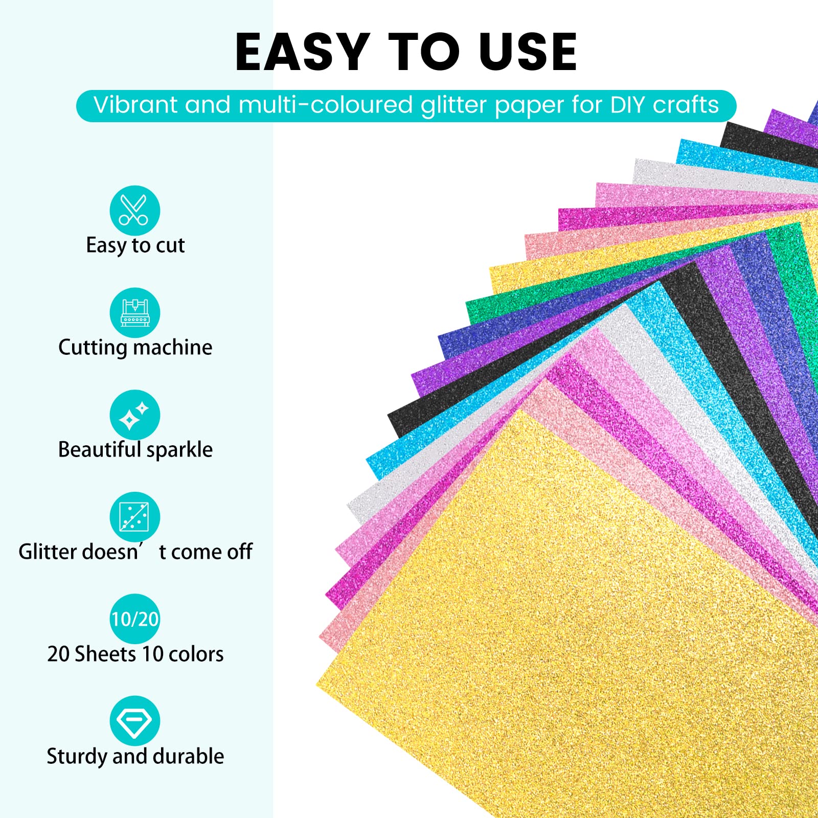 HTVRONT Glitter Cardstock Paper - 20 Sheets 10 Colors CardStock, A4 Colored Cardstock Glitter Paper for Craft, Birthday, Scrapbook, Wedding, Sparkly Paper, Card Making (Glitter/20 Sheets)