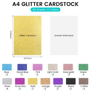 HTVRONT Glitter Cardstock Paper - 40 Sheets 13 Colors Glitter Card Stock, 110lb Cover A4 Thick Cardstock Glitter Paper for Craft, Birthday, Scrapbook, Wedding, Sparkly Paper, Card Making