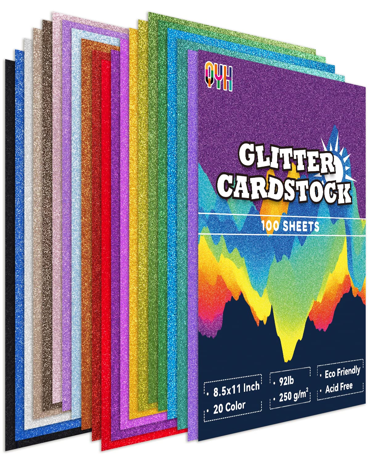 Glitter Cardstock 100 Sheets, A4 Cardstock Paper - 20 Assorted Colors, 250 GSM Card stock Glitter Paper Sparkly Paper for DIY Crafts, Scrapbooking, Card Making