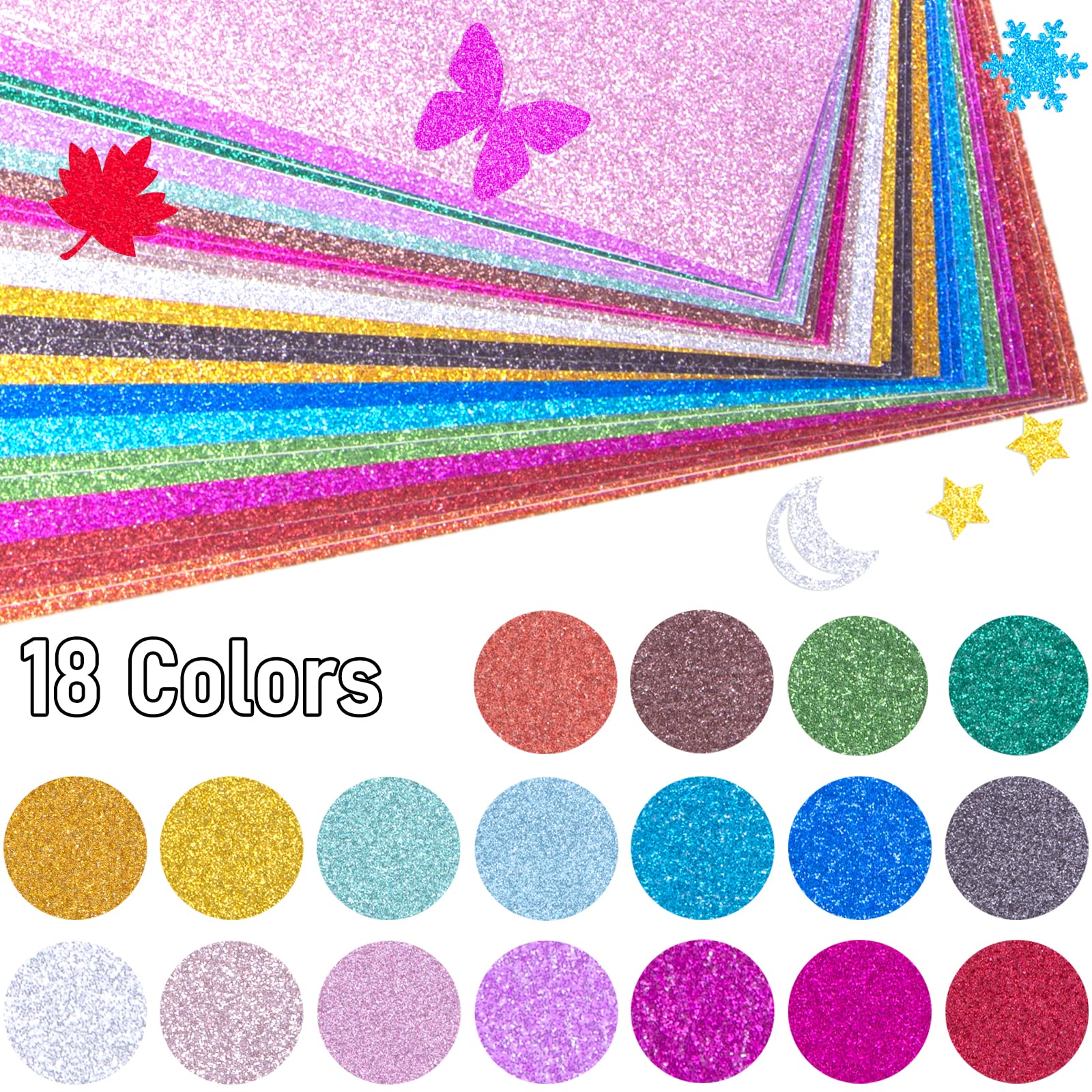 Koogel Glitter Cardstock Paper, 36 Sheets Sparkly Paper A4 Premium Craft Cardstock 18 Colors for Card Making Paper Crafting Scrapbook 250GSM