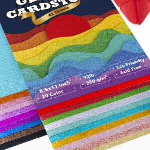 Glitter Cardstock 42 Sheets, 8.5” x 11” Cardstock Paper - 20 Assorted Colors, 250 GSM Card stock Glitter Paper Sparkly Paper for DIY Crafts, Scrapbooking, Card Making