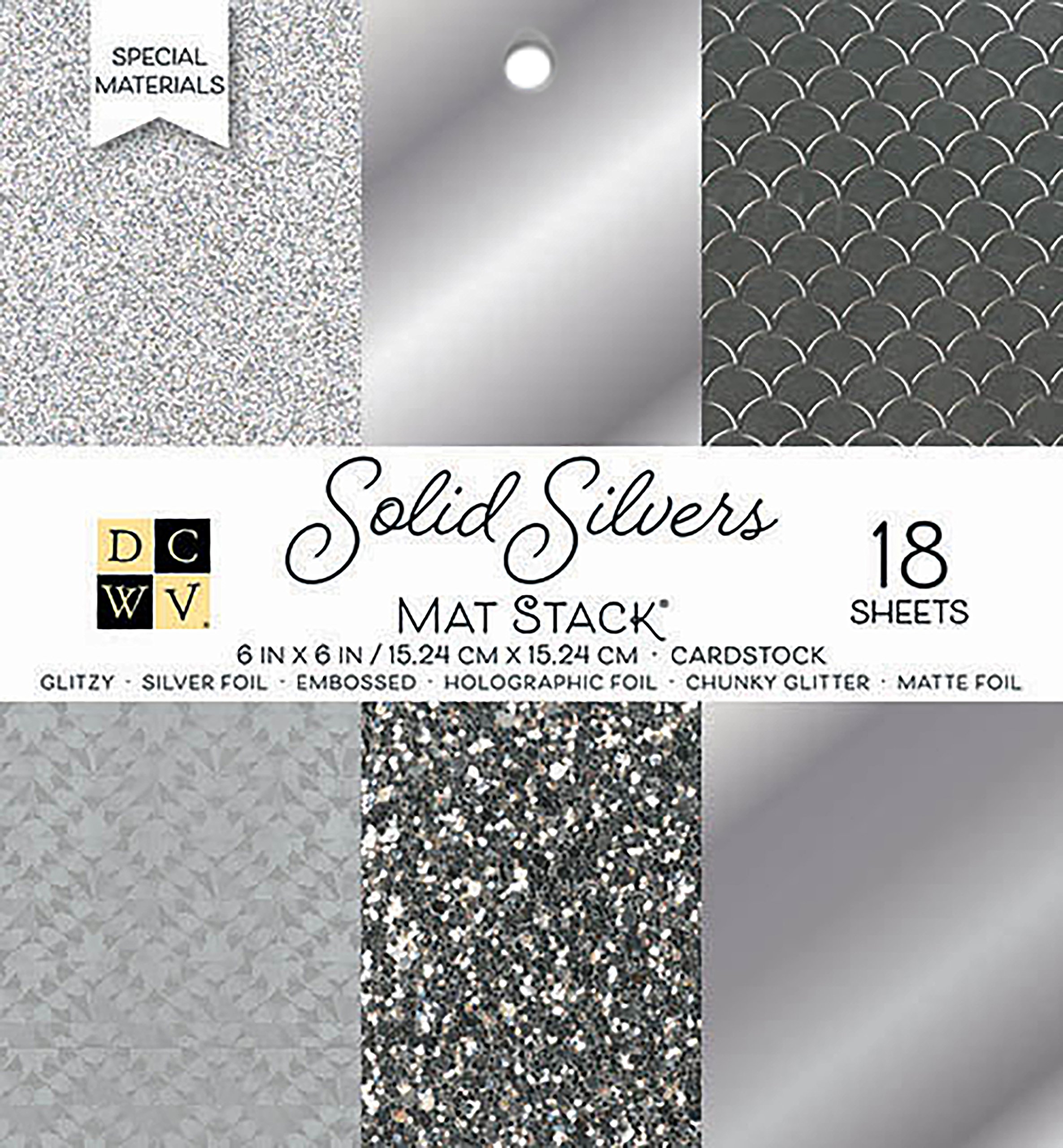 American Crafts DCWV Card Stock 6"X6" Cardstock Stack, Solid Silvers Glitter & Foil, 6 Designs