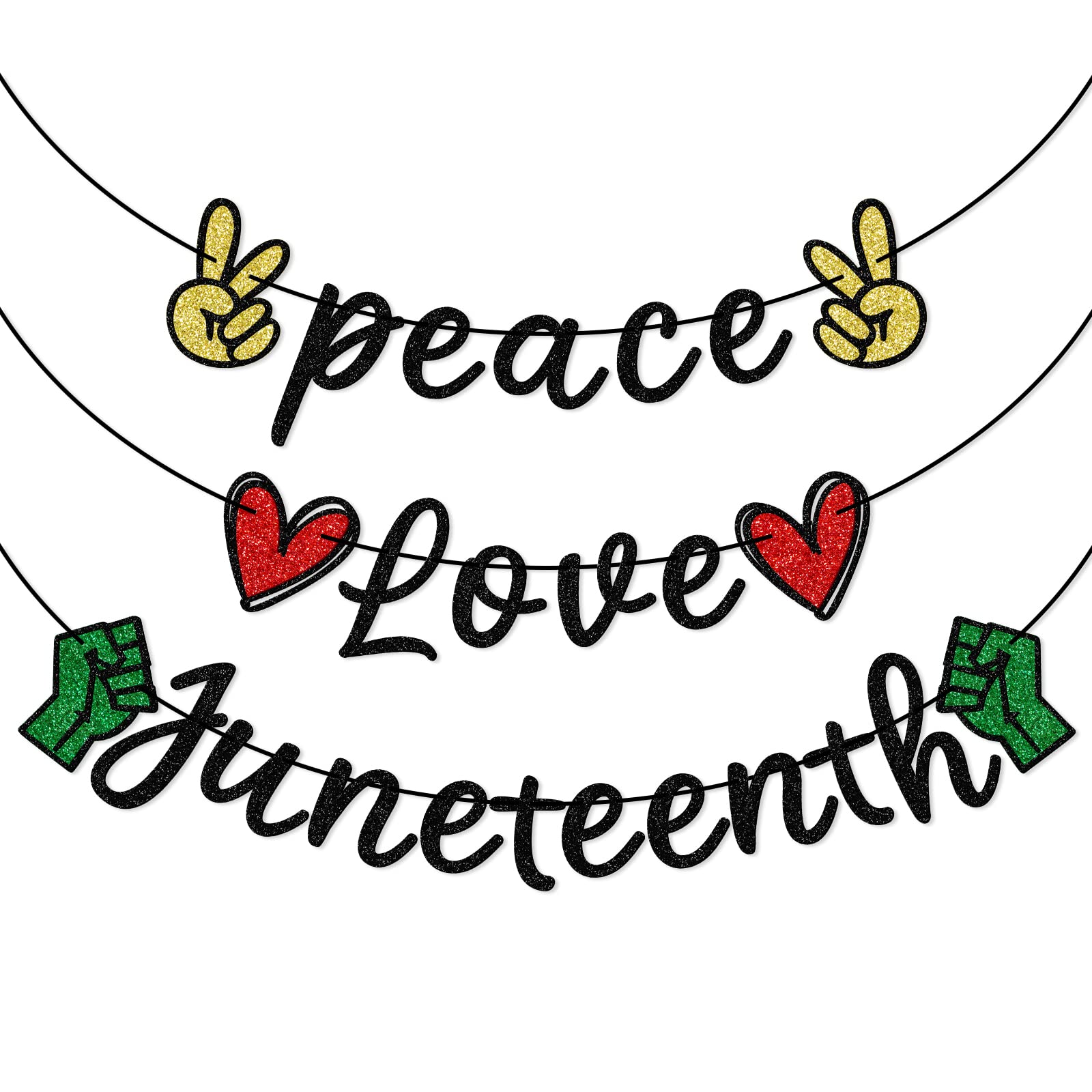 Peace Love Juneteenth Banner - Juneteenth and Pride Decorations in Red Gold Black Glitter Cardstock - Handmade Pre-Strung